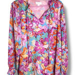 Floral Printed Top Women’s Medium Belle by Kim Gravel (QVC) Smocked Sleeve Pink Photo 0