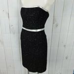 Shoshanna Black & Metallic Silver Silk Tweed Leather Strapless Pencil Dress Photo 5