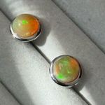 Brand New Natural Opal 9K Solid White Gold Sphere Bezel Settings Earrings/Studs Orange Photo 8
