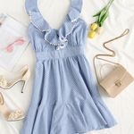 ✨Crochet Pompom Flounce Embellished Striped Dress✨ Blue Size M Photo 4