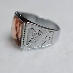 Source Unknown Peachy Orange Beveled Stone Engraved Bird Silver Tone Band Size 10 1/2 Ring Photo 2