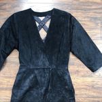 vintage • 1980s black suede leather dress sheath plunge neck criss cross open Photo 4