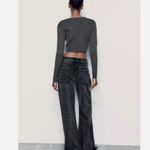 ZARA  Grey Ribbed Knit Long Sleeves Hanging Rhinestones Cropped  Shirt NWT Size L Photo 1