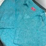 Isaac Mizrahi  New York Turquoise V-Neck Linen Pullover Collared Shirt- Small Photo 12