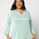 Joan Rivers  Knit Seersucker 3/4-Sleeve Pullover Top - Green and White, Size XL Photo 0
