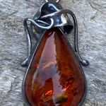 Vintage Baltic Amber Silver Art Deco Tulip Drop Pendant Poland 925 Sterling Orange Photo 3
