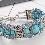 Vintage Faux Turquoise Beads Rhinestone Carved Bracelet Multiple Size undefined Photo 3