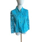Just B Turquoise Eyelet Embroidered Jacket Size S | Floral Lace Sleeves & Beaded Blue Photo 3