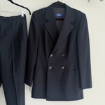 Vintage Wool Pant Suit Women Small Navy Double Breasted Minimalist Career Luxury Blue Photo 5