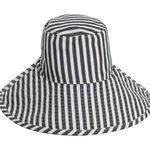 Business & Pleasure Wide Brim Beach Bucket Hat Navy Stripe Canvas Tie Straps Blue Photo 0