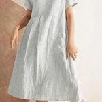 Lintico Morgan 100% Linen Striped Short Sleeve Midi Dress Boho Lagenlook Size S Blue Photo 0