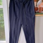 EXPRESS  Stylist Navy Blue Pinstripe High Waist Belted Straight Leg Trouser Sz 8 Photo 1