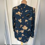 Bass Novelty Hat Print Long‎ Sleeve Teal Blouse Blue Photo 3