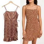 Hollister NWT  Brown Floral Satin Mini Slip Dress Size Large Ruffle Hem Tie Waist Photo 1