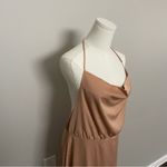 Lulus  Dress Maxi Its Fate Satin Sleeveless Halter Party Cocktail Nude Neutral Photo 2