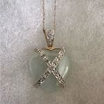 14K Gold Jade & Diamond Heart Pendant Necklace Photo 6