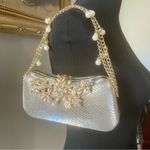 New! Bridal Metal Embellished Fancy Clutch Color Silver with Shimmer Gold Brooch Photo 0