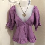 Lily Star Lightweight Purple blouse sweetheart neckline ruffle hem puff sleeves Tie Back Photo 0