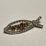 WWJD Christian Fish Symbol Rhinestone Brooch Pin Gold Tone Metal Photo 1