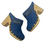 Veronica Beard  Dacey Denim Clogs Heels Studded Buckle Wood Blue Size 6‎ Photo 0