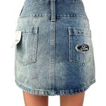 Forever 21 NEW Ford x Blue Straight Pencil Patch Logo Denim Mini Jeans Skirt L Photo 0