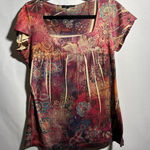 VTG Y2K Floral Top Square Neck Short Sleeve Fairy Grunge USA Made Sz L Boho Red Size L Photo 0