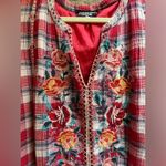 Johnny Was  Nadia Peasant Tank Dress Plaid Red Embroidered Boho Sleeveless Large Photo 10