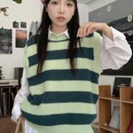 Korean Vintage Green Striped Knitted Sweater Vest Photo 2