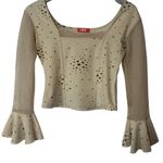 Top Up Long Sleeve Mesh Flare Cuff Crop Top Tan Size M Photo 6
