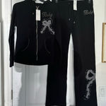 BCBGMAXAZRIA NWT  Cotton Rhinestones Bows Hoodie Track Suit 2-Piece Blk/Silver XL Photo 0