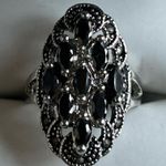 Vintage Marcasite and Mirror Marquis Filigree Silver Tone Statement Ring Black Photo 1