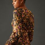 Anthropologie Black Floral Deep V Tunic Blouse Floral Button Front Top Photo 2