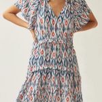 Anthropologie Robin Tiered Ruffle Dress in Ikat White & Blue Print XS Photo 0