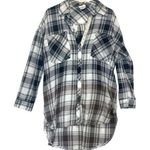 Plaid Button Down Shirt Size Small Tunic Distressed Crochet Lace brown black Photo 0