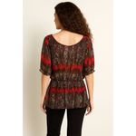 AGB XL Sheer Lace Tunic Red Black Snake Tie Neck Blouse Romantic Abstract Print Photo 4