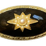 Vintage 1928 Brand Faux Seed Pearl Domed Oval Black Enamel Brooch Pin Gold Tone Photo 0