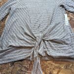 Gibson  Tie Front Cozy Fleece Pullover Top Gray Ivory Stripe Size M Minimalist Photo 8