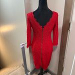 Adrianna Papell  Red Lace Lined Midi Bodycon Sheath Long Sleeve Scallop Trim‎ 2 Photo 3