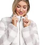 Abercrombie & Fitch A&F Sherpa Check Fleece Plaid Full Zip Jacket Coat Gray and White Size Medium Photo 4