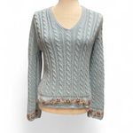Preswick & Moore  Baby Blue Cottagecore Cable Knit V-neck Floral Hem Sweater M Photo 5
