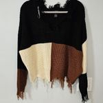 Just Polly Color Block Eye Lash Fringe Cropped Knit Sweater Brown Size L Photo 0