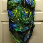 CHAPS Women's Size 18 Blue Green Palm Frond Beaded Halter One-Piece Swimsuit Photo 0