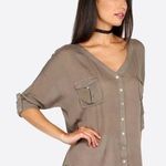 Boutique Mine Brown Button Down Tie Front Short Sleeve Top S Photo 0