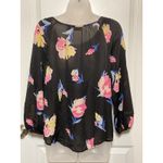 Elle  Black Floral Print Long Sleeve Blouse Women Size L Sheer Lightweight Photo 2