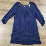 Solitaire  Midi Dress Women L Blue 3/4 Sleeve Crochet Lined Boho Rayon Keyhole Photo 0