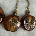 Vintage Boho Copper Amber Glass Teardrop Pierced Spiral Earrings Set Fall Colors Brown Photo 3