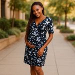 Motherhood ‎ Womens Dress Size Small Blue White Wrap Ruched Maternity Floral Photo 1