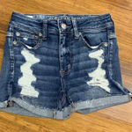 American Eagle Hi Rise Denim Shorts Womens Size 2 Distressed Cuffed Hem Stretch Photo 0