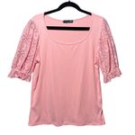 Kim & Cami Pink Ribbed Lace Sleeve Puff Sleeve Scoop Neck Top Women's Large Photo 0