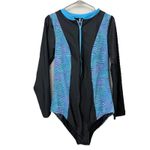 Torrid Blue Black Wireless Shaping Long Sleeve One Piece Zip Up Swimsuit Size 2X Photo 5